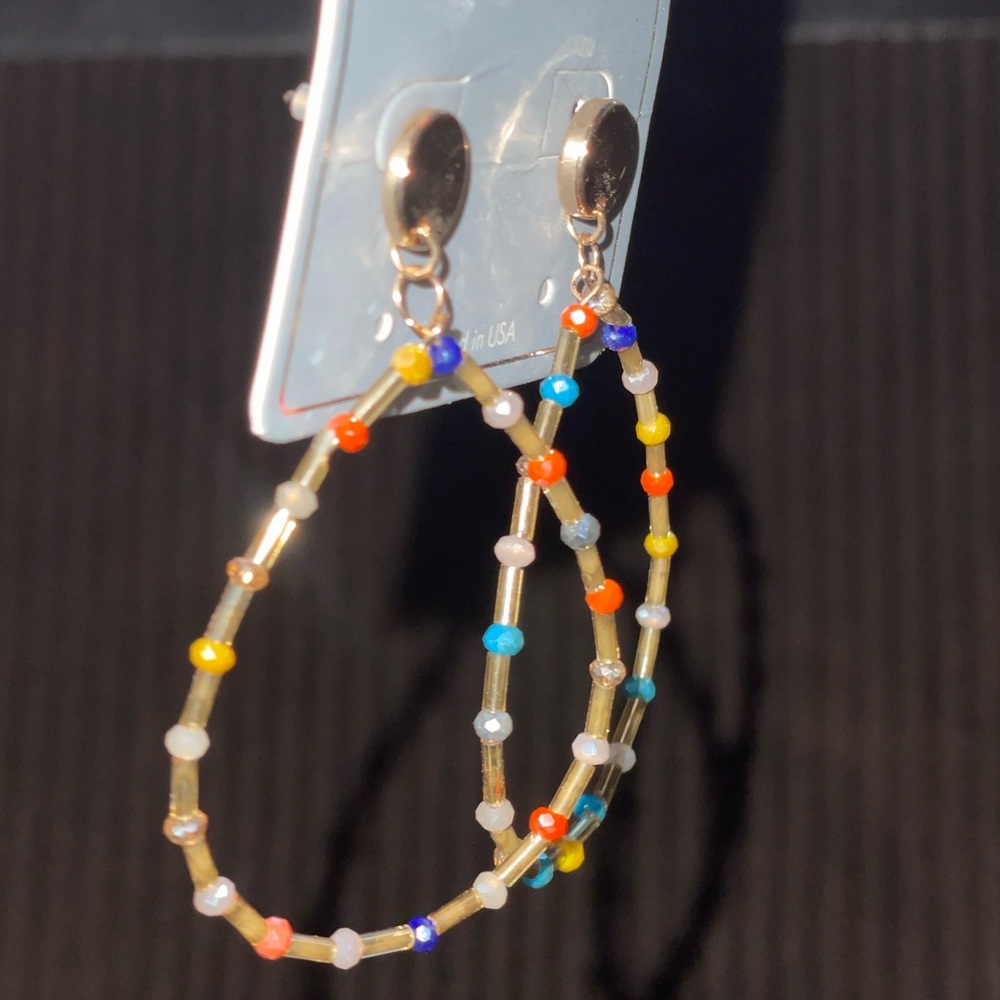 Gold Hoop Earrings with Multi Colored Beads - Picture 3 of 9